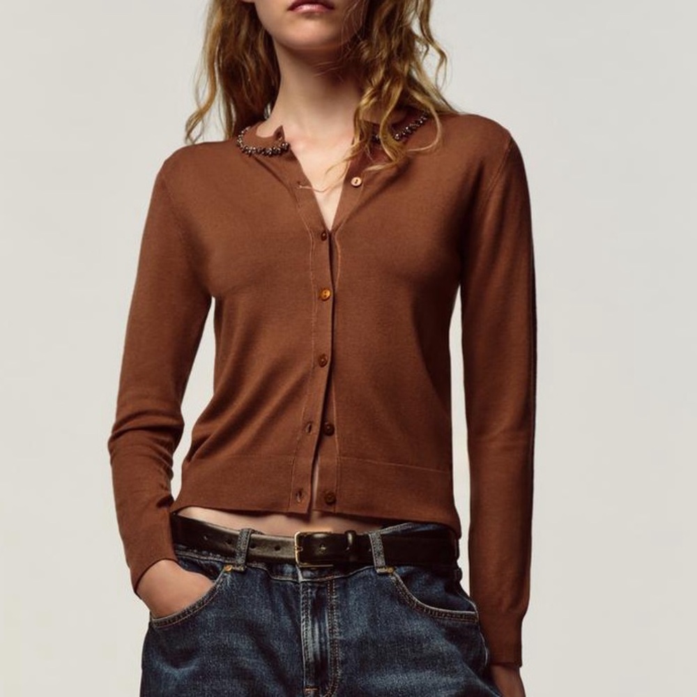 Zara Brown Jewel Cardigan Balletcore-Adjacent Embellished Crewneck NWT Brown